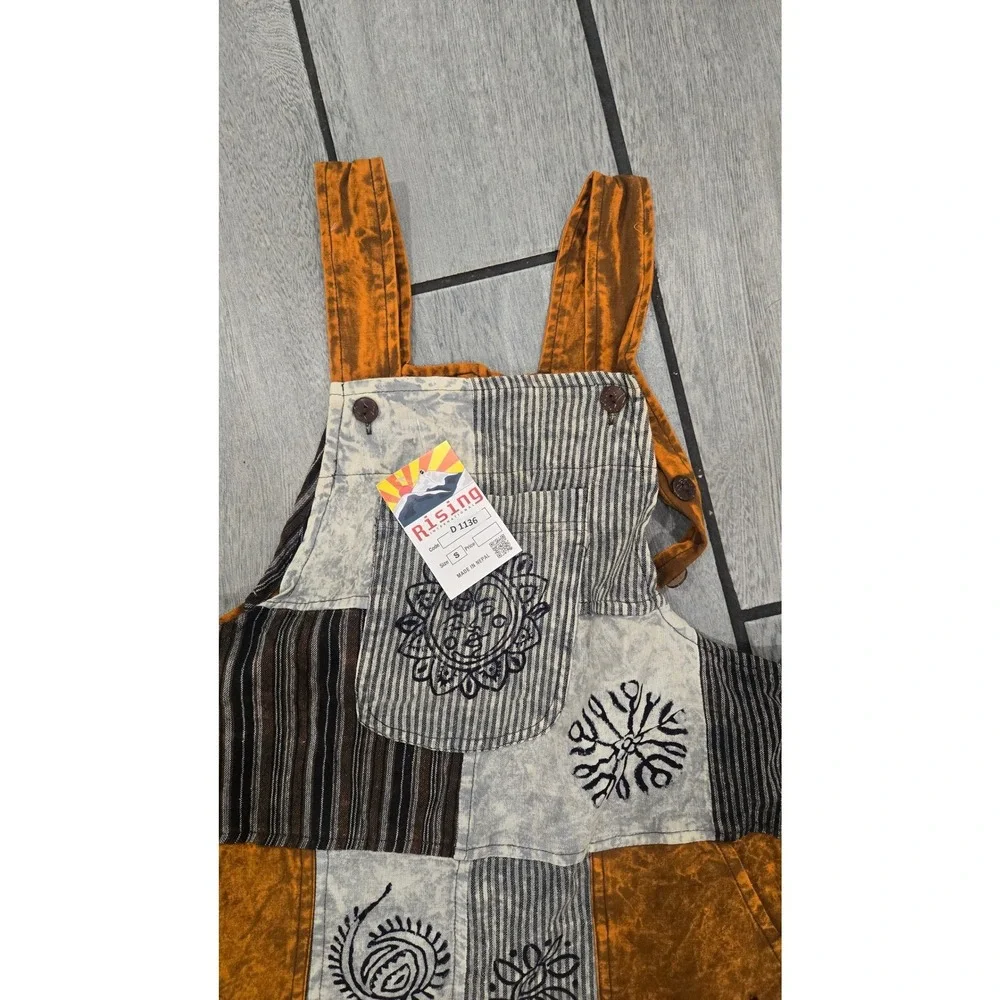 Rising International Patchwork Overalls Sun Moon Boho Hippie Nepal Small D1136